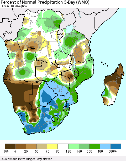 Southern Africa Percent of Normal Precipitation 5-Day (WMO) Thematic Map For 4/6/2024 - 4/10/2024