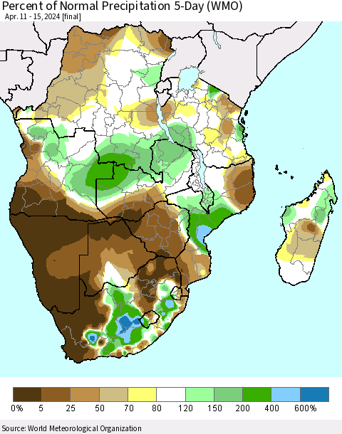Southern Africa Percent of Normal Precipitation 5-Day (WMO) Thematic Map For 4/11/2024 - 4/15/2024