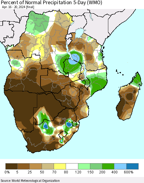 Southern Africa Percent of Normal Precipitation 5-Day (WMO) Thematic Map For 4/16/2024 - 4/20/2024