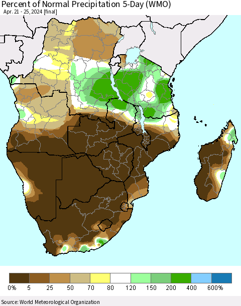 Southern Africa Percent of Normal Precipitation 5-Day (WMO) Thematic Map For 4/21/2024 - 4/25/2024