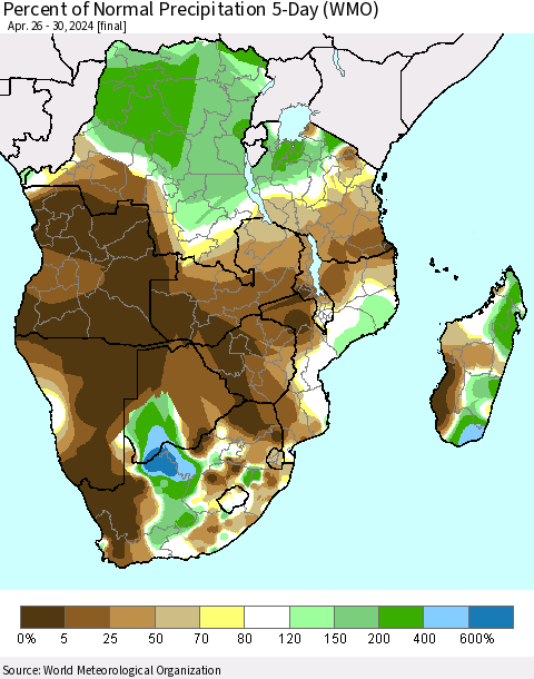 Southern Africa Percent of Normal Precipitation 5-Day (WMO) Thematic Map For 4/26/2024 - 4/30/2024