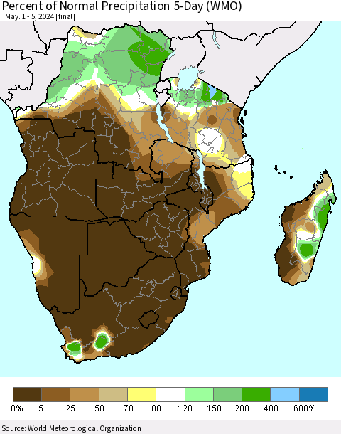 Southern Africa Percent of Normal Precipitation 5-Day (WMO) Thematic Map For 5/1/2024 - 5/5/2024