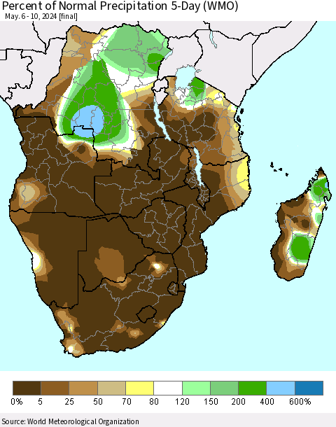 Southern Africa Percent of Normal Precipitation 5-Day (WMO) Thematic Map For 5/6/2024 - 5/10/2024