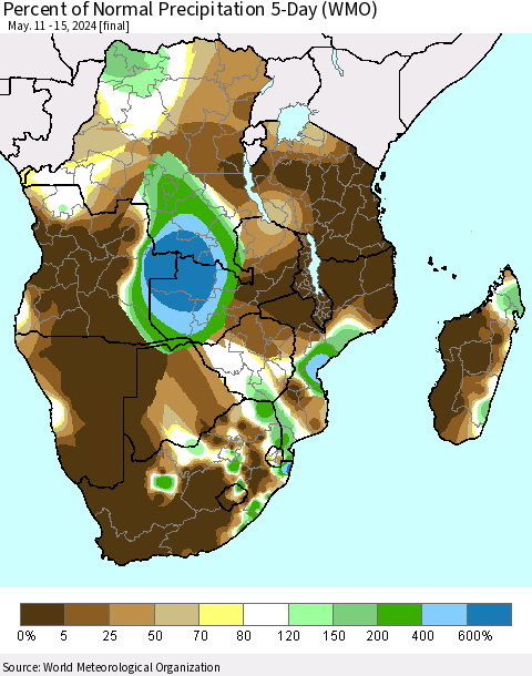 Southern Africa Percent of Normal Precipitation 5-Day (WMO) Thematic Map For 5/11/2024 - 5/15/2024