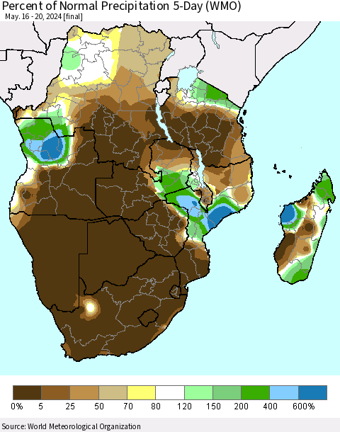 Southern Africa Percent of Normal Precipitation 5-Day (WMO) Thematic Map For 5/16/2024 - 5/20/2024