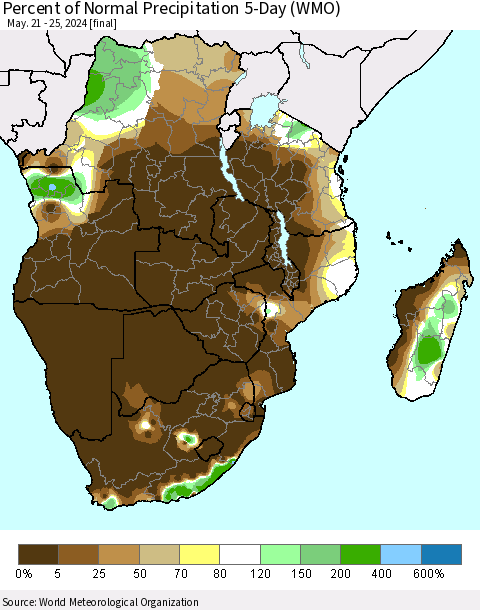 Southern Africa Percent of Normal Precipitation 5-Day (WMO) Thematic Map For 5/21/2024 - 5/25/2024