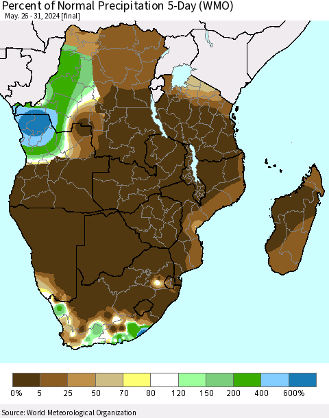 Southern Africa Percent of Normal Precipitation 5-Day (WMO) Thematic Map For 5/26/2024 - 5/31/2024