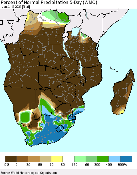 Southern Africa Percent of Normal Precipitation 5-Day (WMO) Thematic Map For 6/1/2024 - 6/5/2024