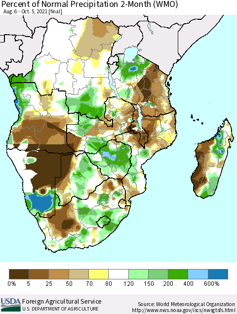 Southern Africa Percent of Normal Precipitation 2-Month (WMO) Thematic Map For 8/6/2021 - 10/5/2021