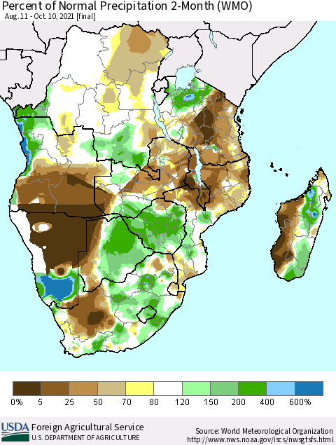 Southern Africa Percent of Normal Precipitation 2-Month (WMO) Thematic Map For 8/11/2021 - 10/10/2021