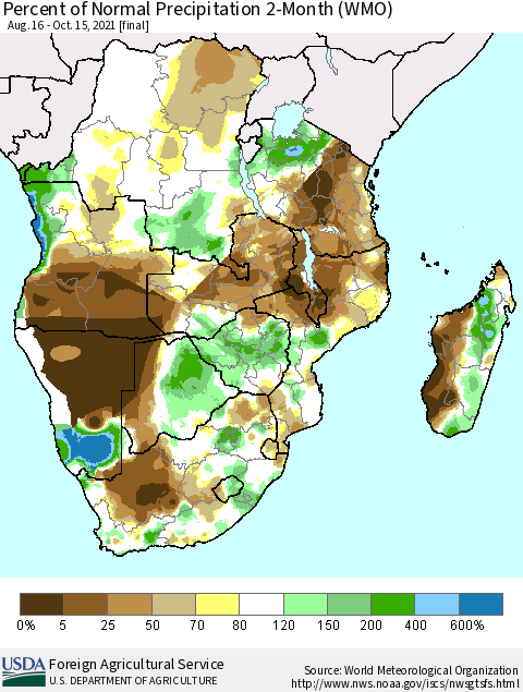 Southern Africa Percent of Normal Precipitation 2-Month (WMO) Thematic Map For 8/16/2021 - 10/15/2021