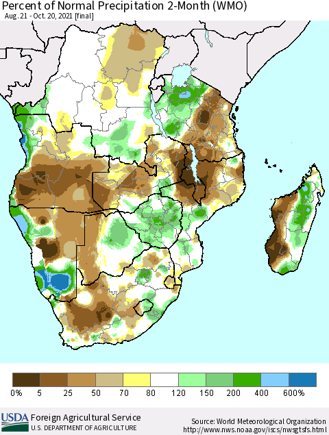 Southern Africa Percent of Normal Precipitation 2-Month (WMO) Thematic Map For 8/21/2021 - 10/20/2021