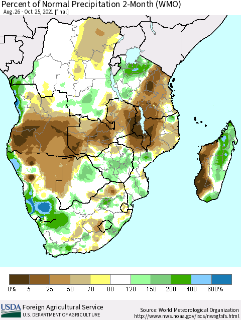 Southern Africa Percent of Normal Precipitation 2-Month (WMO) Thematic Map For 8/26/2021 - 10/25/2021