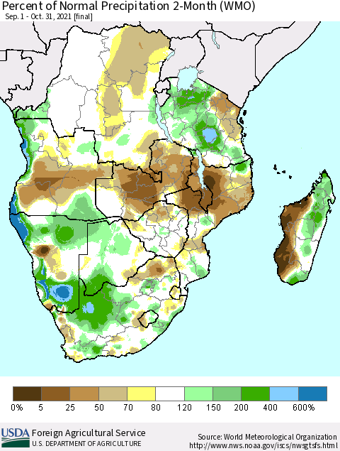 Southern Africa Percent of Normal Precipitation 2-Month (WMO) Thematic Map For 9/1/2021 - 10/31/2021