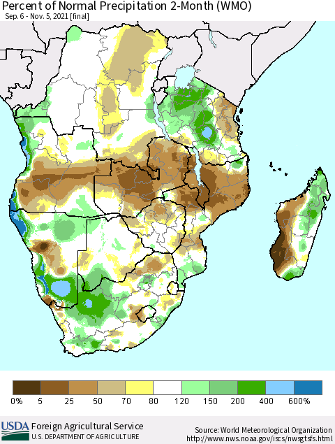 Southern Africa Percent of Normal Precipitation 2-Month (WMO) Thematic Map For 9/6/2021 - 11/5/2021