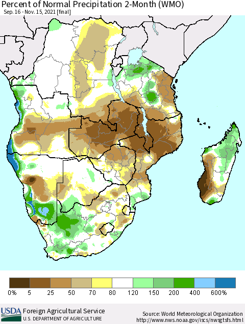 Southern Africa Percent of Normal Precipitation 2-Month (WMO) Thematic Map For 9/16/2021 - 11/15/2021