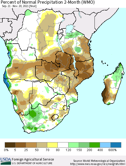 Southern Africa Percent of Normal Precipitation 2-Month (WMO) Thematic Map For 9/21/2021 - 11/20/2021