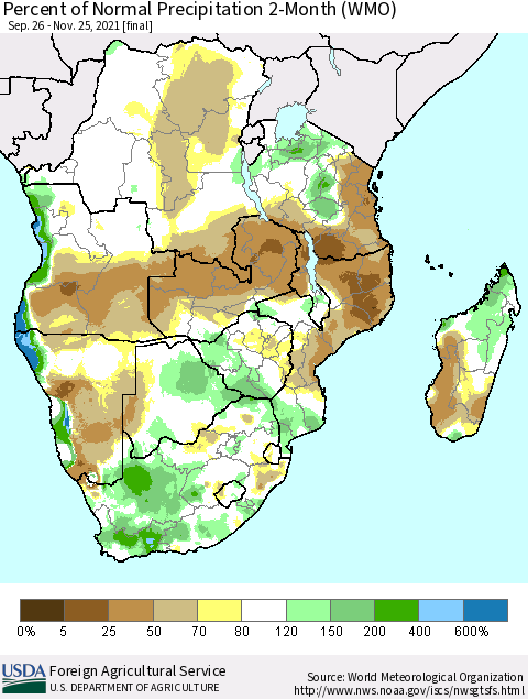 Southern Africa Percent of Normal Precipitation 2-Month (WMO) Thematic Map For 9/26/2021 - 11/25/2021