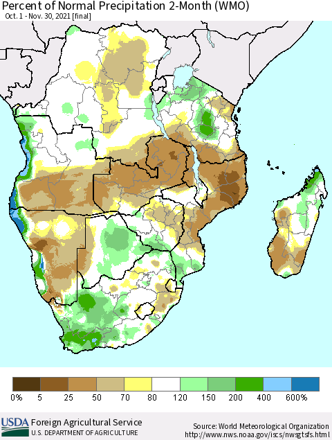 Southern Africa Percent of Normal Precipitation 2-Month (WMO) Thematic Map For 10/1/2021 - 11/30/2021