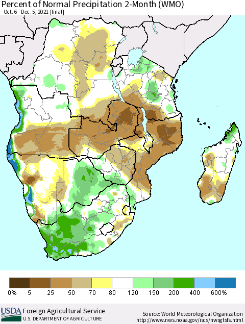 Southern Africa Percent of Normal Precipitation 2-Month (WMO) Thematic Map For 10/6/2021 - 12/5/2021