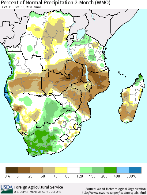 Southern Africa Percent of Normal Precipitation 2-Month (WMO) Thematic Map For 10/11/2021 - 12/10/2021