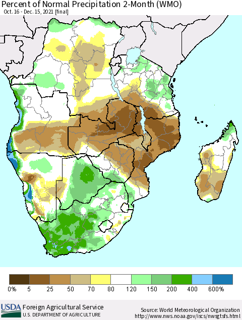 Southern Africa Percent of Normal Precipitation 2-Month (WMO) Thematic Map For 10/16/2021 - 12/15/2021