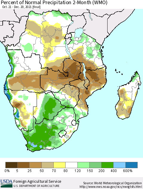 Southern Africa Percent of Normal Precipitation 2-Month (WMO) Thematic Map For 10/21/2021 - 12/20/2021