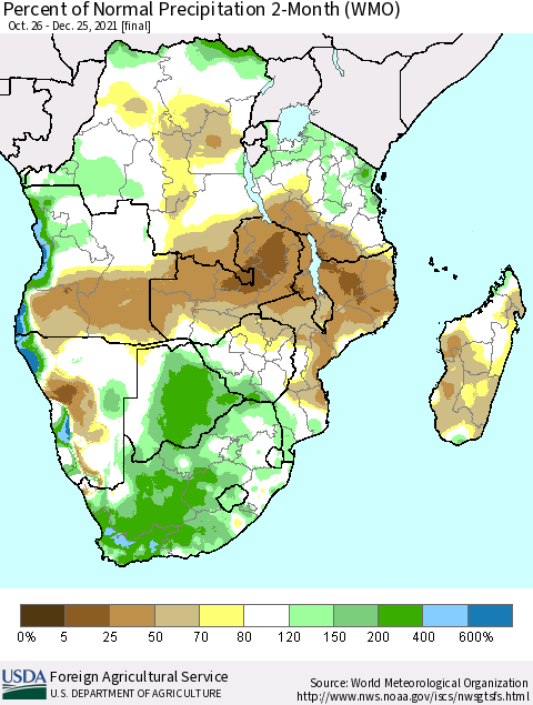 Southern Africa Percent of Normal Precipitation 2-Month (WMO) Thematic Map For 10/26/2021 - 12/25/2021