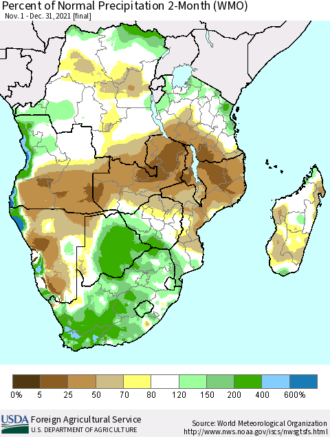Southern Africa Percent of Normal Precipitation 2-Month (WMO) Thematic Map For 11/1/2021 - 12/31/2021