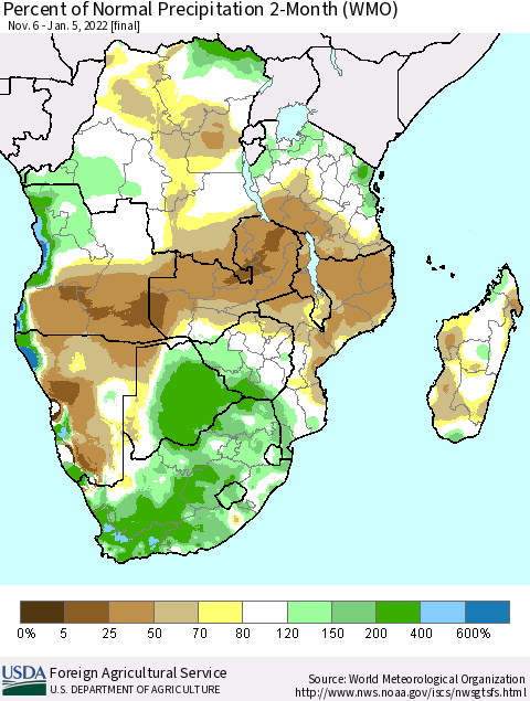 Southern Africa Percent of Normal Precipitation 2-Month (WMO) Thematic Map For 11/6/2021 - 1/5/2022