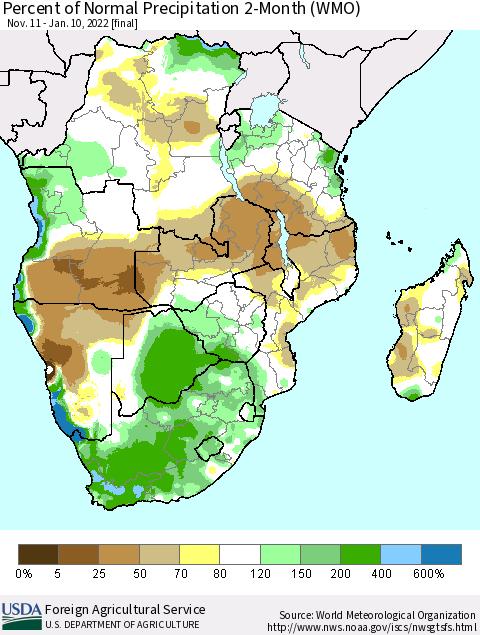 Southern Africa Percent of Normal Precipitation 2-Month (WMO) Thematic Map For 11/11/2021 - 1/10/2022
