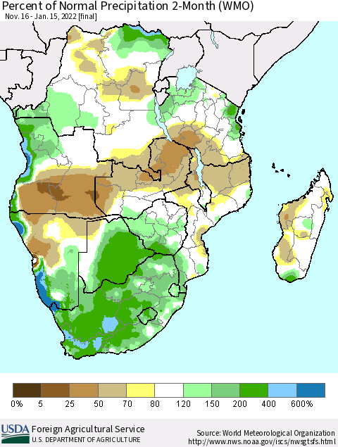 Southern Africa Percent of Normal Precipitation 2-Month (WMO) Thematic Map For 11/16/2021 - 1/15/2022