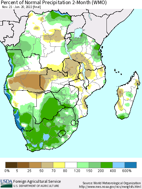 Southern Africa Percent of Normal Precipitation 2-Month (WMO) Thematic Map For 11/21/2021 - 1/20/2022