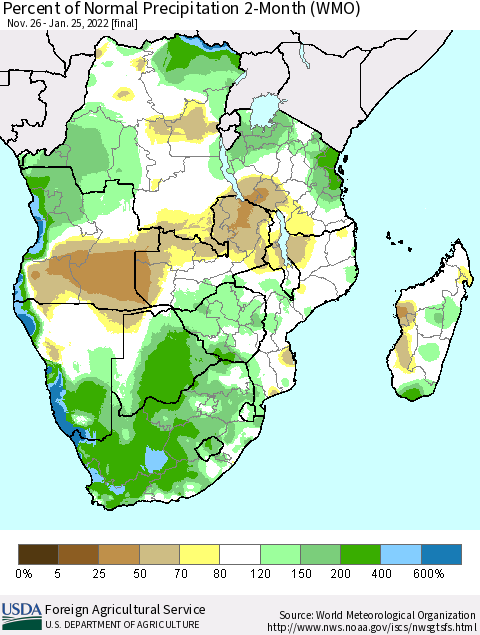 Southern Africa Percent of Normal Precipitation 2-Month (WMO) Thematic Map For 11/26/2021 - 1/25/2022