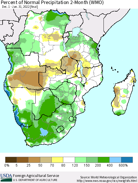 Southern Africa Percent of Normal Precipitation 2-Month (WMO) Thematic Map For 12/1/2021 - 1/31/2022