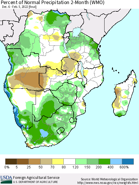 Southern Africa Percent of Normal Precipitation 2-Month (WMO) Thematic Map For 12/6/2021 - 2/5/2022