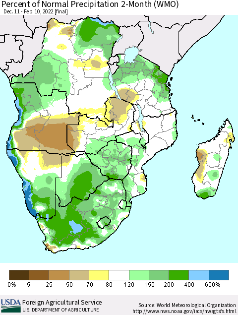 Southern Africa Percent of Normal Precipitation 2-Month (WMO) Thematic Map For 12/11/2021 - 2/10/2022