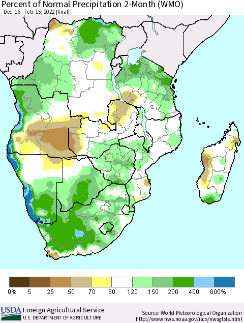 Southern Africa Percent of Normal Precipitation 2-Month (WMO) Thematic Map For 12/16/2021 - 2/15/2022