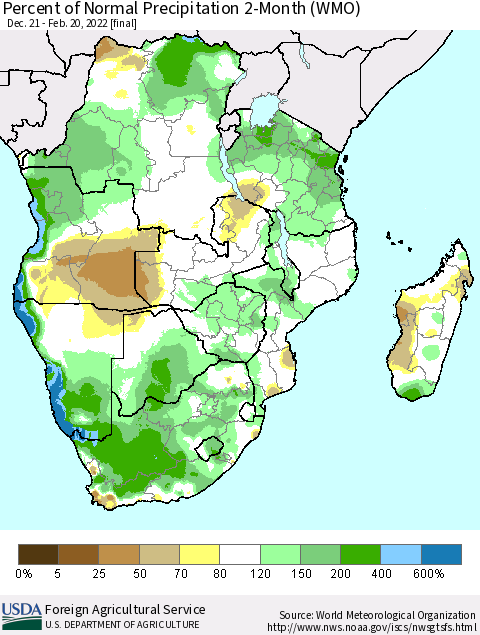 Southern Africa Percent of Normal Precipitation 2-Month (WMO) Thematic Map For 12/21/2021 - 2/20/2022