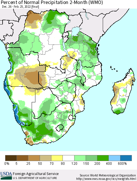 Southern Africa Percent of Normal Precipitation 2-Month (WMO) Thematic Map For 12/26/2021 - 2/25/2022