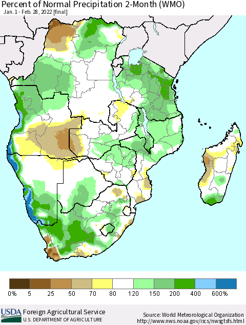 Southern Africa Percent of Normal Precipitation 2-Month (WMO) Thematic Map For 1/1/2022 - 2/28/2022