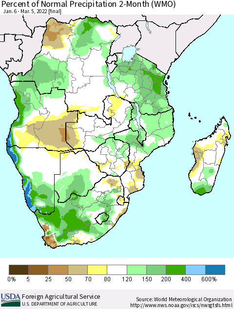 Southern Africa Percent of Normal Precipitation 2-Month (WMO) Thematic Map For 1/6/2022 - 3/5/2022