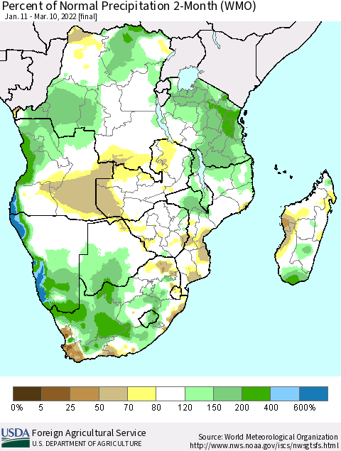 Southern Africa Percent of Normal Precipitation 2-Month (WMO) Thematic Map For 1/11/2022 - 3/10/2022