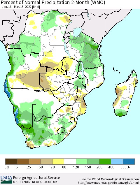 Southern Africa Percent of Normal Precipitation 2-Month (WMO) Thematic Map For 1/16/2022 - 3/15/2022