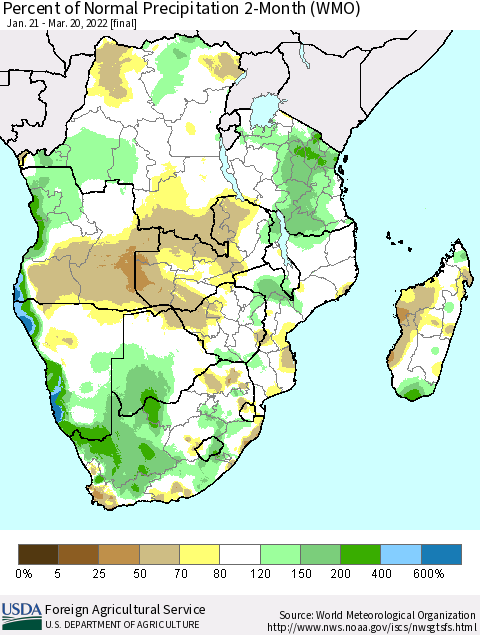 Southern Africa Percent of Normal Precipitation 2-Month (WMO) Thematic Map For 1/21/2022 - 3/20/2022