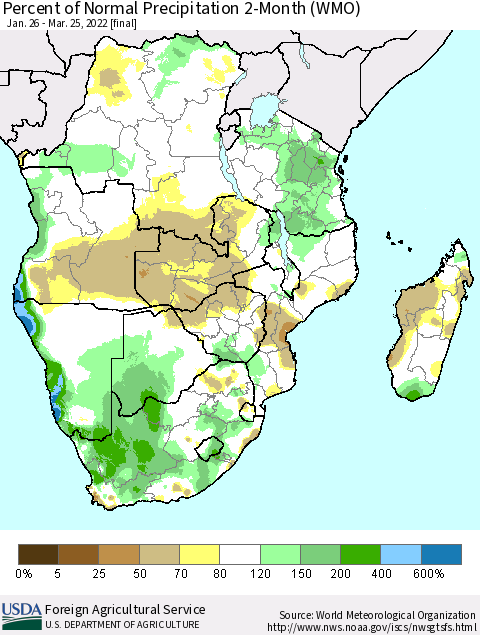 Southern Africa Percent of Normal Precipitation 2-Month (WMO) Thematic Map For 1/26/2022 - 3/25/2022