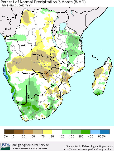 Southern Africa Percent of Normal Precipitation 2-Month (WMO) Thematic Map For 2/1/2022 - 3/31/2022