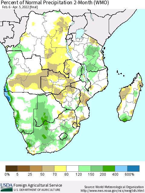 Southern Africa Percent of Normal Precipitation 2-Month (WMO) Thematic Map For 2/6/2022 - 4/5/2022