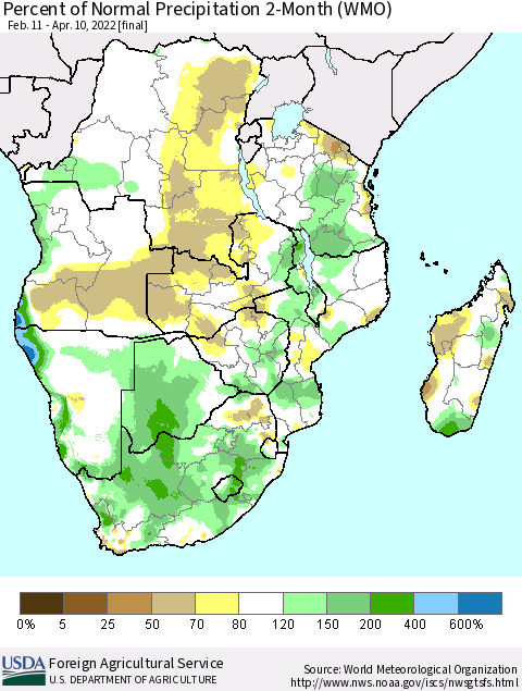 Southern Africa Percent of Normal Precipitation 2-Month (WMO) Thematic Map For 2/11/2022 - 4/10/2022