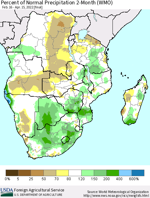 Southern Africa Percent of Normal Precipitation 2-Month (WMO) Thematic Map For 2/16/2022 - 4/15/2022